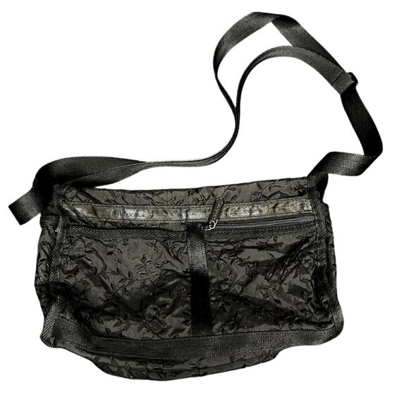 Vintage 90s LeSportSac Black Ivy Floral Vines Embroidered Black Crossbody Purse - Picture 1 of 6